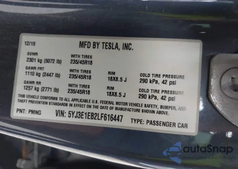 2020 Tesla Model 3 Long Range Dual Motor All-Wheel Drive from USA, damaged, VIN 5YJ3E1EB2LF616447